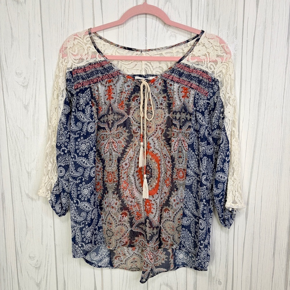 MISS ME Lace & Chiffon Bohemian Print‎ Oversized Peasant Top, Small